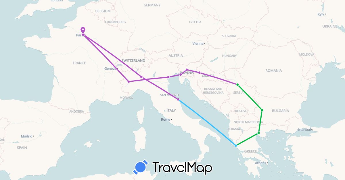 TravelMap itinerary: driving, bus, train, boat in Bulgaria, France, Greece, Croatia, Italy, Serbia, Slovenia (Europe)